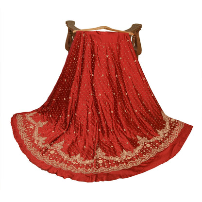 Sanskriti New Dark Red Long Skirt Pure Satin Silk Hand Beaded Lehenga/Fabric