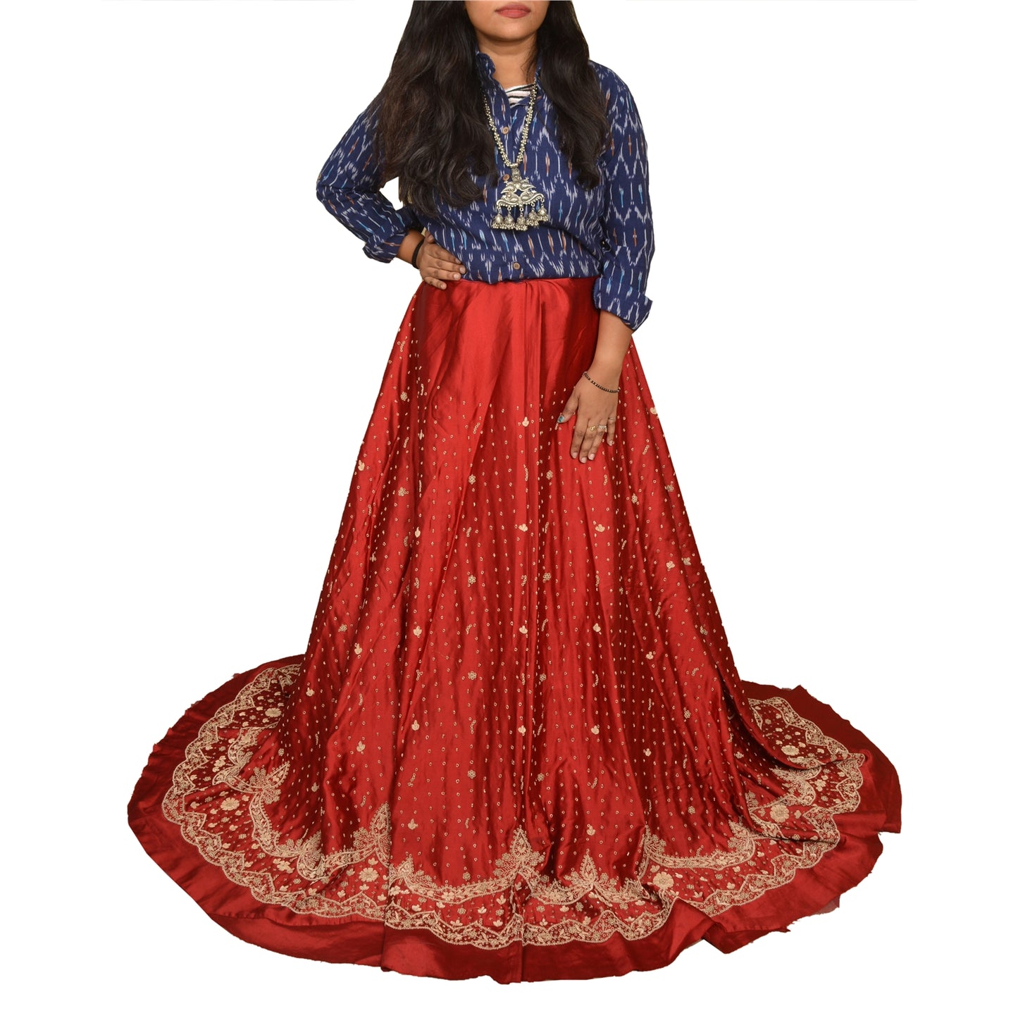 Sanskriti New Dark Red Long Skirt Pure Satin Silk Hand Beaded Lehenga/Fabric