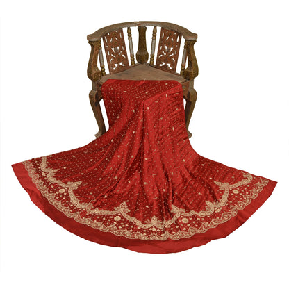 Sanskriti New Dark Red Long Skirt Pure Satin Silk Hand Beaded Lehenga/Fabric