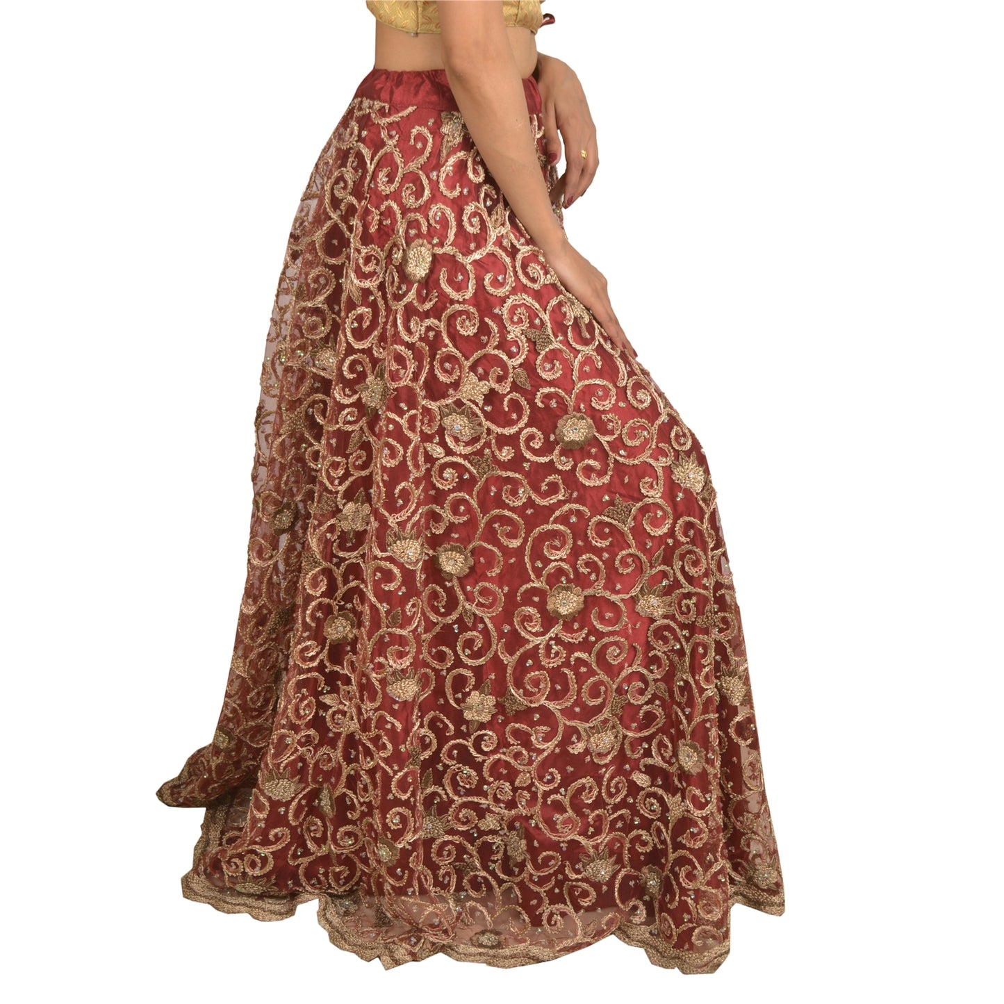 Sanskriti Vintage Long Wedding Skirt Net Mesh Handmade Dark Red Stitched Lehenga