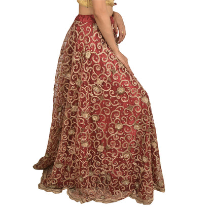 Sanskriti Vintage Long Wedding Skirt Net Mesh Handmade Dark Red Stitched Lehenga