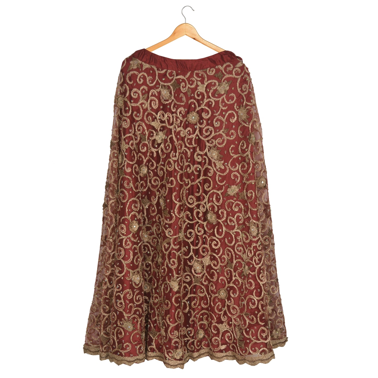 Sanskriti Vintage Long Wedding Skirt Net Mesh Handmade Dark Red Stitched Lehenga