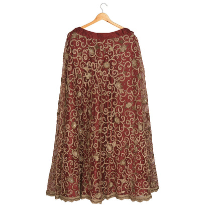 Sanskriti Vintage Long Wedding Skirt Net Mesh Handmade Dark Red Stitched Lehenga