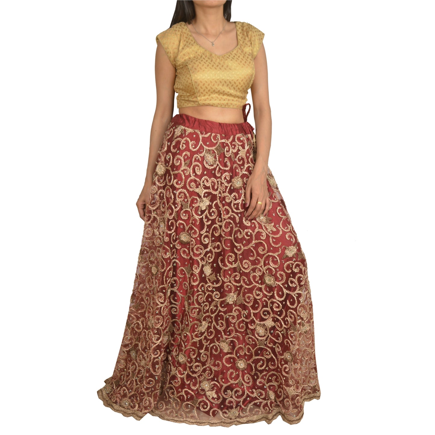 Sanskriti Vintage Long Wedding Skirt Net Mesh Handmade Dark Red Stitched Lehenga