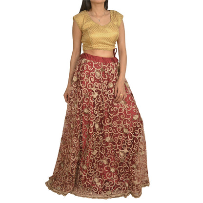 Sanskriti Vintage Long Wedding Skirt Net Mesh Handmade Dark Red Stitched Lehenga