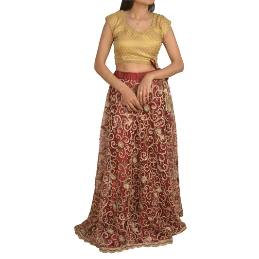 Sanskriti Vintage Long Wedding Skirt Net Mesh Handmade Dark Red Stitched Lehenga