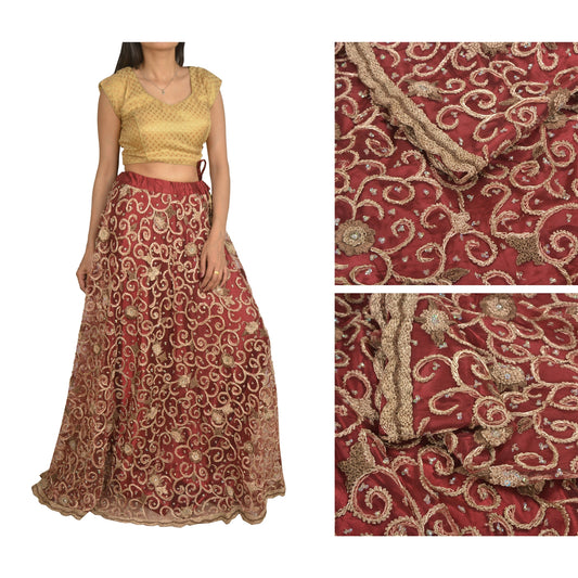 Sanskriti Vintage Long Wedding Skirt Net Mesh Handmade Dark Red Stitched Lehenga