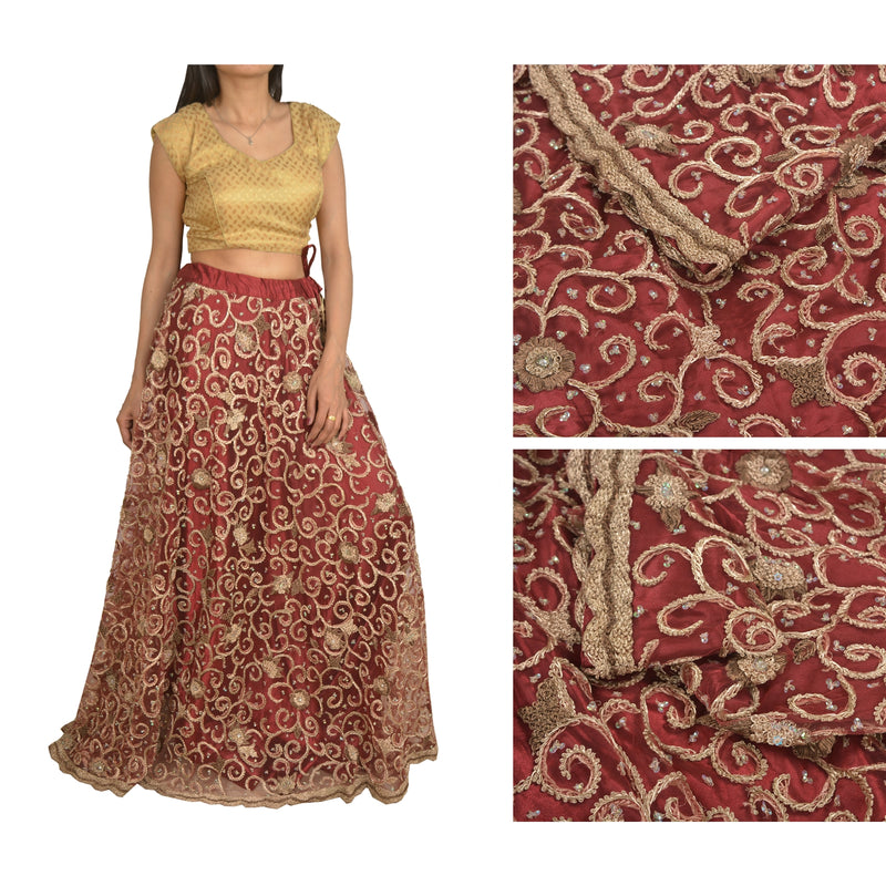 Sanskriti Vintage Long Wedding Skirt Net Mesh Handmade Dark Red Stitched Lehenga