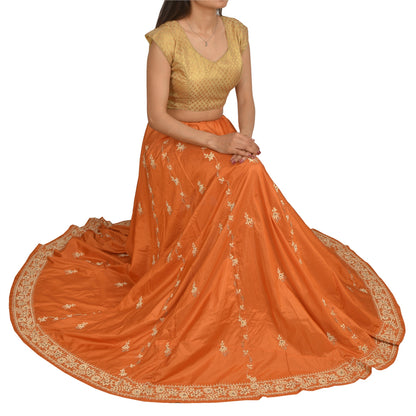 Sanskriti Vintage Orange Long Skirt Pure Silk Orange Handmade Unstitched Lehenga