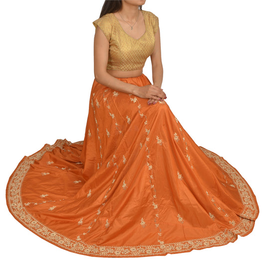 Sanskriti Vintage Orange Long Skirt Pure Silk Orange Handmade Unstitched Lehenga