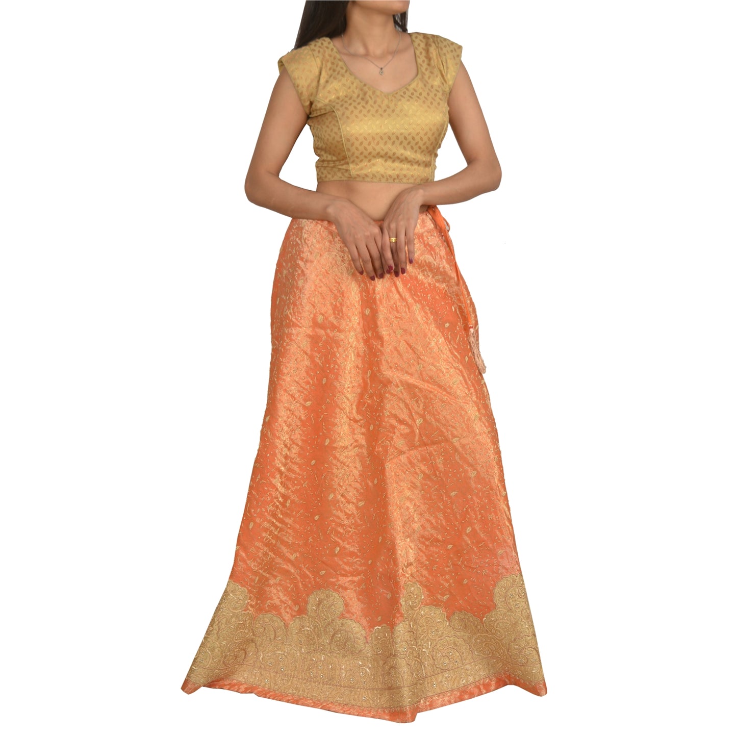 Sanskriti Vintage Long Wedding Skirt Pure Silk Handmade Stitched Woven Lehenga
