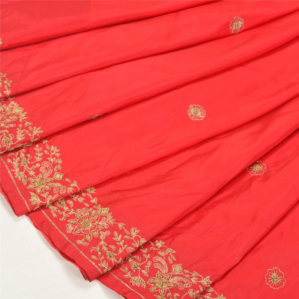Sanskriti Vintage Red Long Skirt Pure Silk Hand Embroidered Unstitched Lehenga