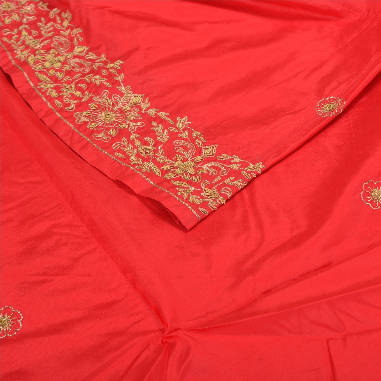 Sanskriti Vintage Red Long Skirt Pure Silk Hand Embroidered Unstitched Lehenga