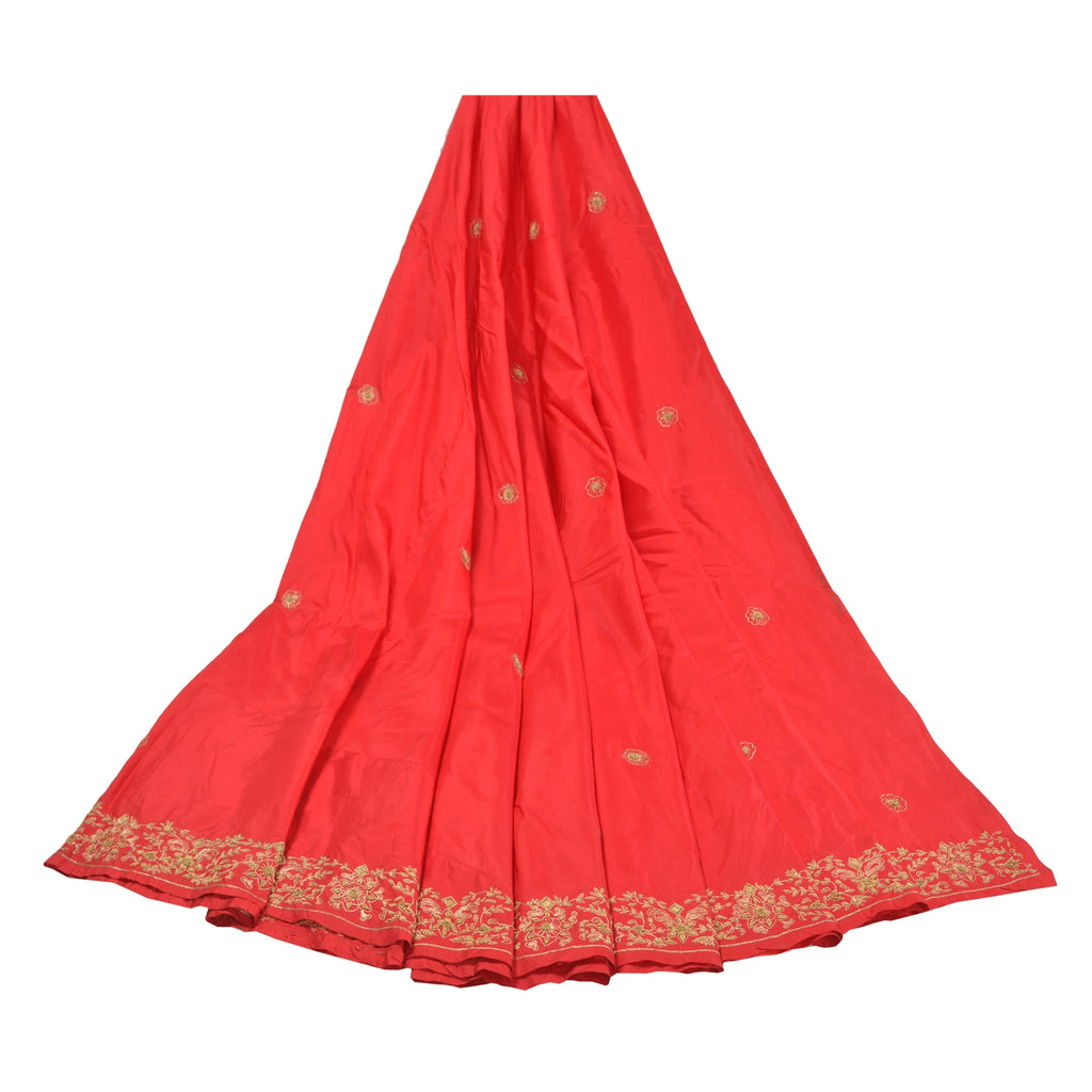 Sanskriti Vintage Red Long Skirt Pure Silk Hand Embroidered Unstitched Lehenga