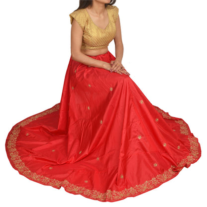 Sanskriti Vintage Red Long Skirt Pure Silk Hand Embroidered Unstitched Lehenga