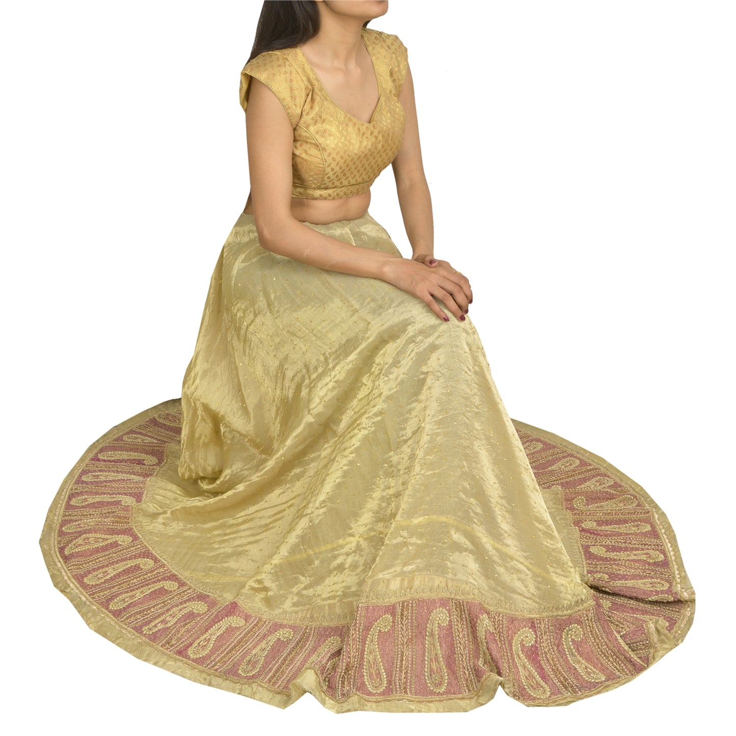 Sanskriti Vintage Green Long Skirt Pure Tissue Silk Handmade Unstitched Lehenga