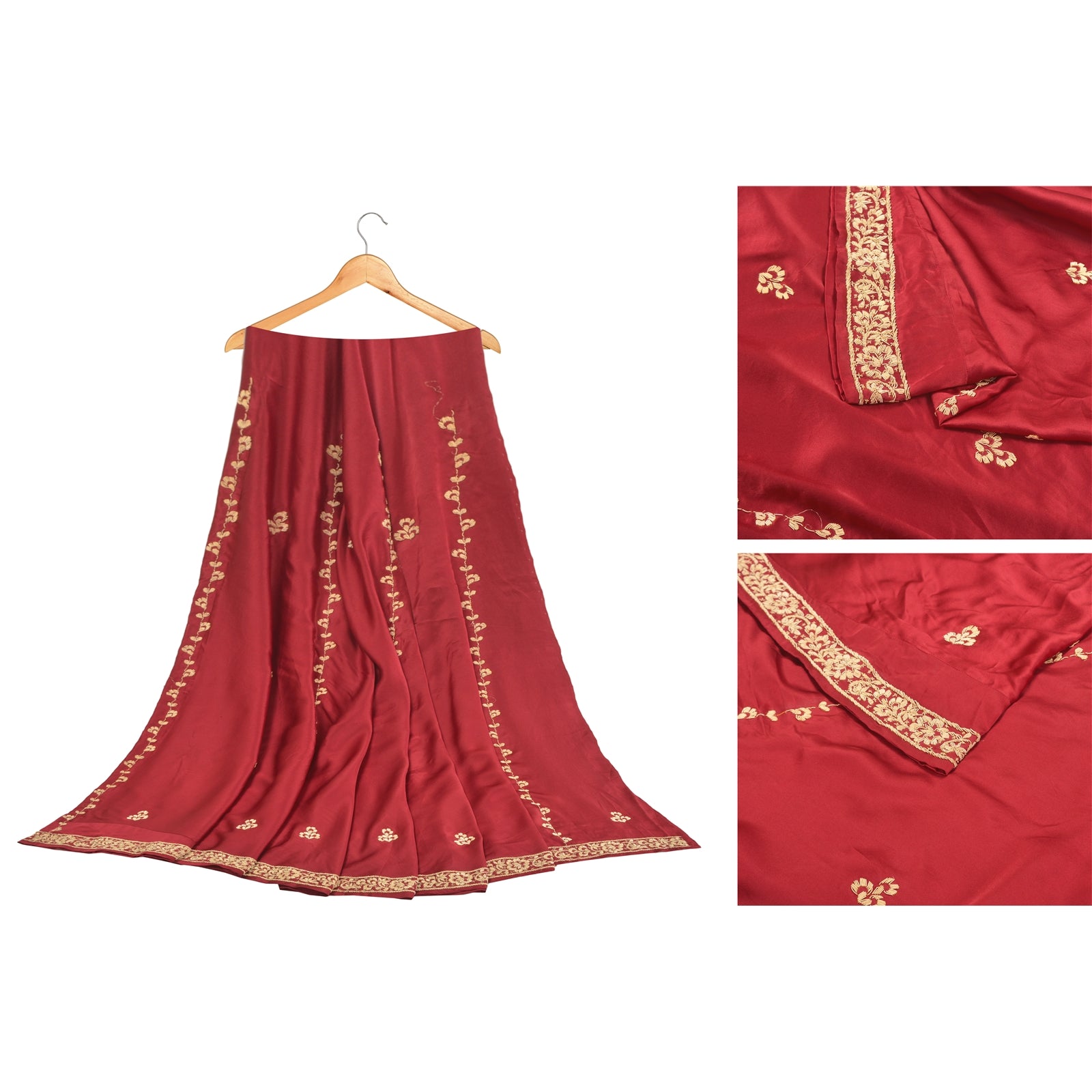 Sanskriti Vintage Long Skirt Pure Satin Silk Red Hand Beaded Unstitched Lehenga