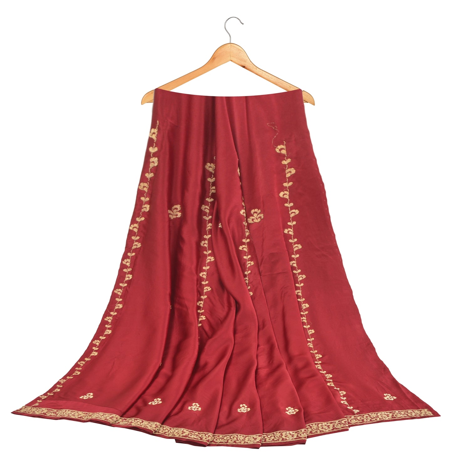 Sanskriti Vintage Long Skirt Pure Satin Silk Red Hand Beaded Unstitched Lehenga