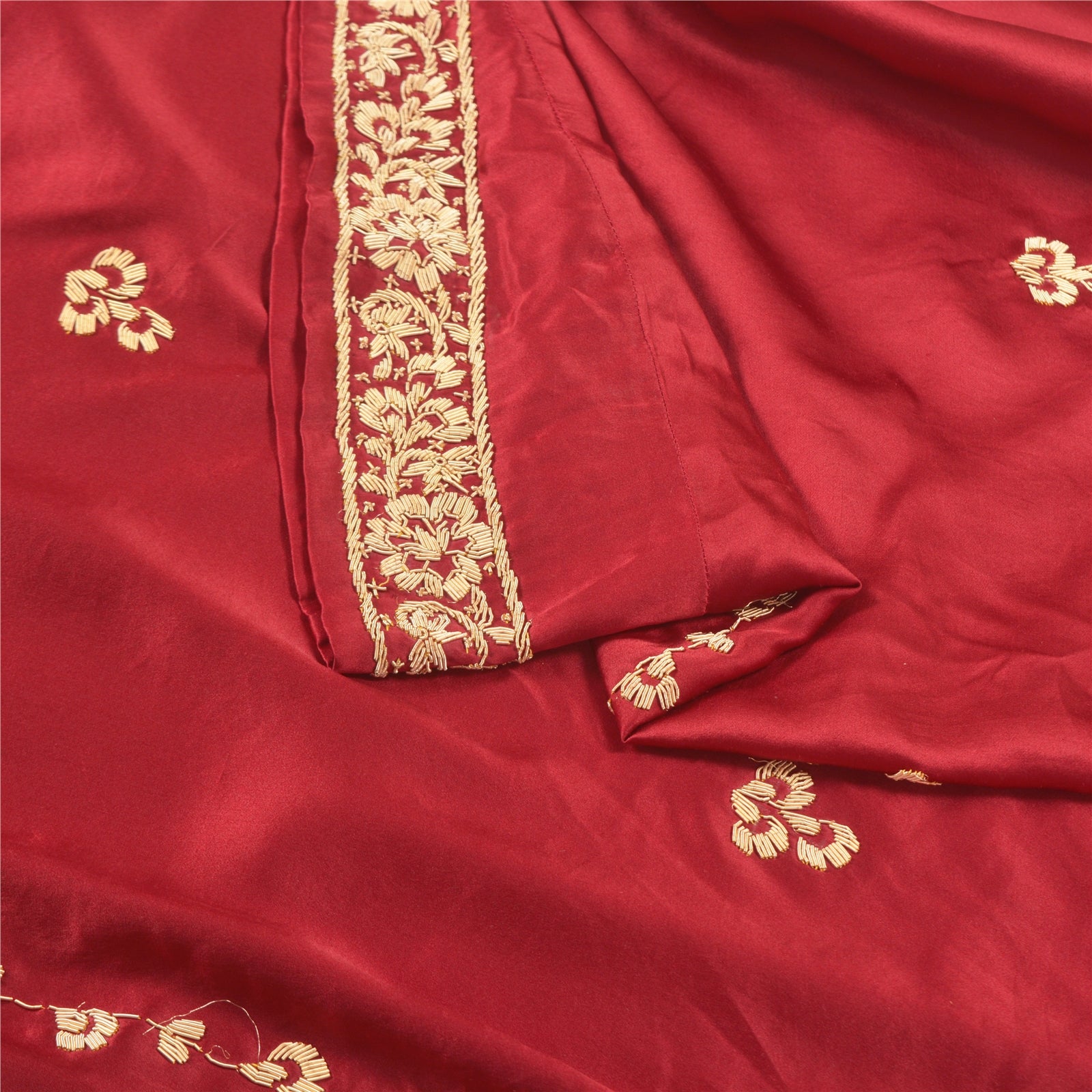 Sanskriti Vintage Long Skirt Pure Satin Silk Red Hand Beaded Unstitched Lehenga