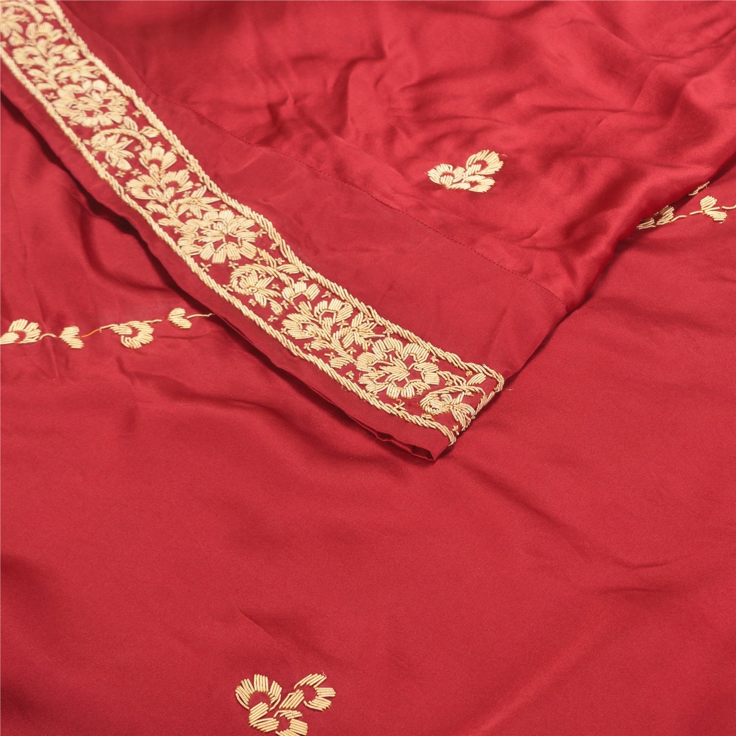 Sanskriti Vintage Long Skirt Pure Satin Silk Red Hand Beaded Unstitched Lehenga