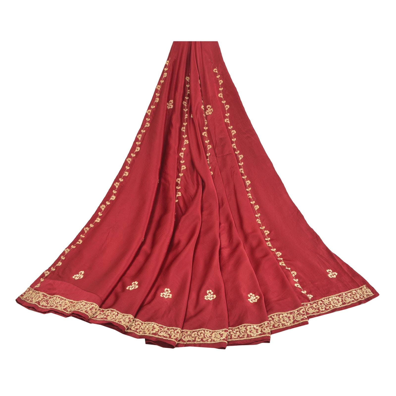 Sanskriti Vintage Long Skirt Pure Satin Silk Red Hand Beaded Unstitched Lehenga