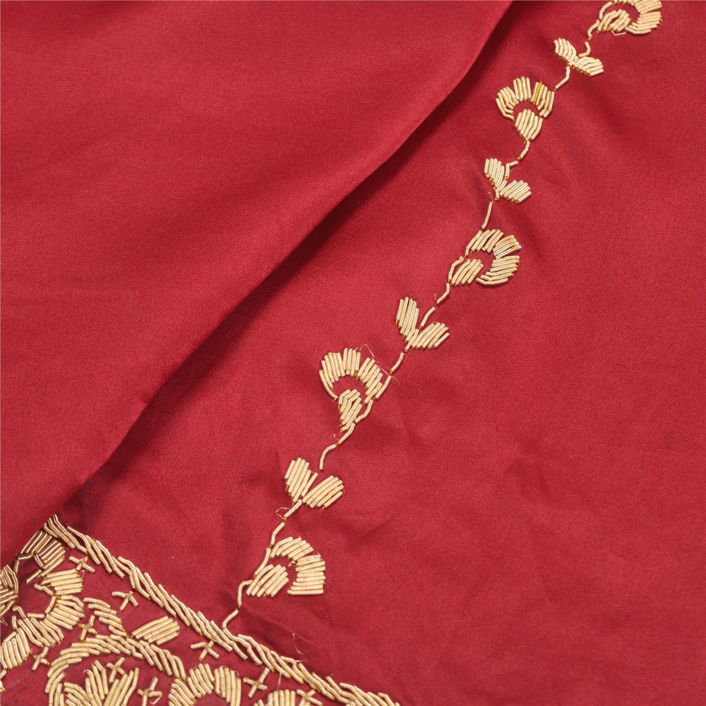 Sanskriti Vintage Long Skirt Pure Satin Silk Red Hand Beaded Unstitched Lehenga