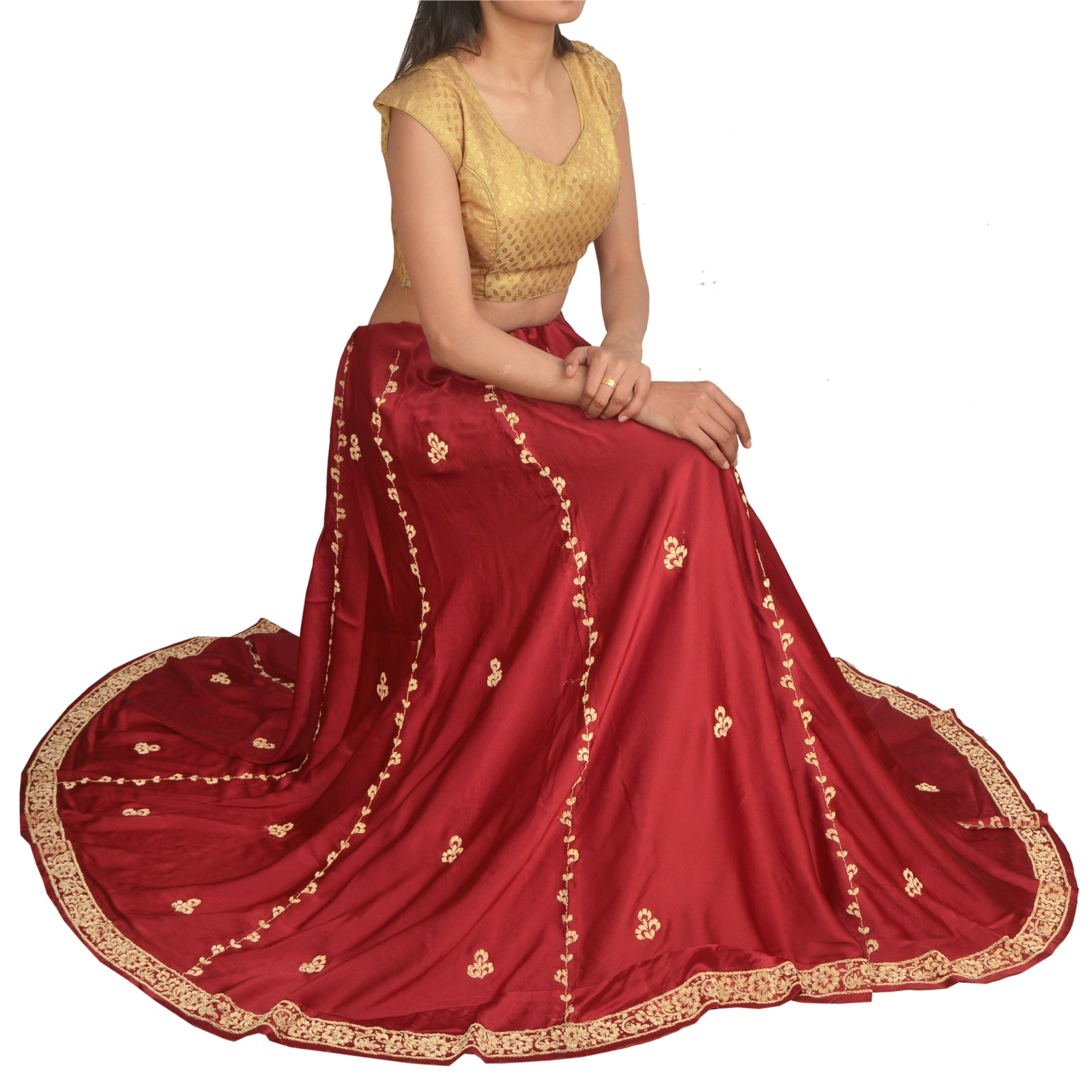 Sanskriti Vintage Long Skirt Pure Satin Silk Red Hand Beaded Unstitched Lehenga