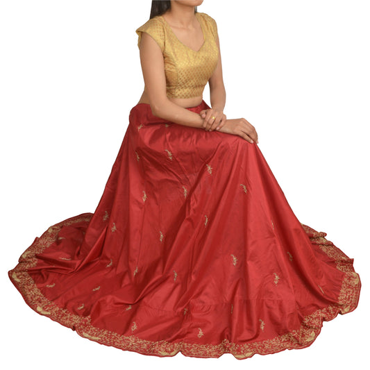 Sanskriti Vintage Long Skirt Pure Silk Dark Red Hand Beaded Unstitched Lehenga