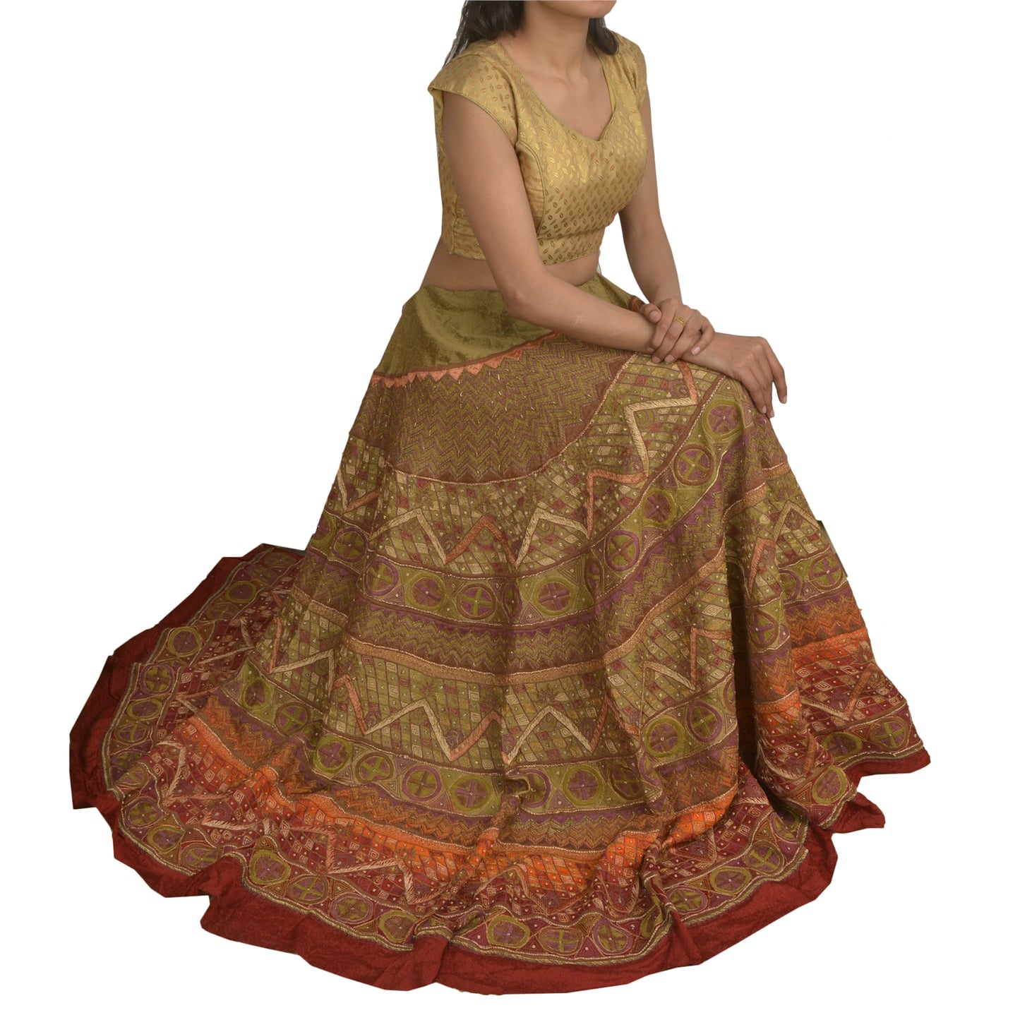 Sanskriti Vintage Partywear Long Skirt Pure Silk Hand Beaded Unstitched Lehenga