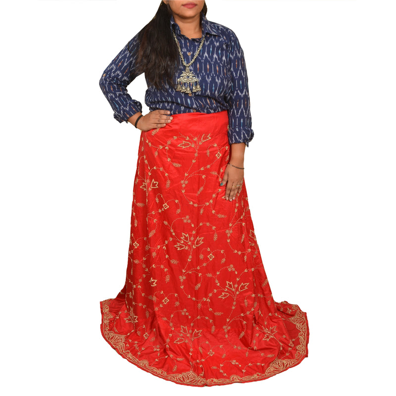 Sanskriti New Red 100% Pure Satin Silk Long Wedding Skirt Unstitched Handmade Zardozi