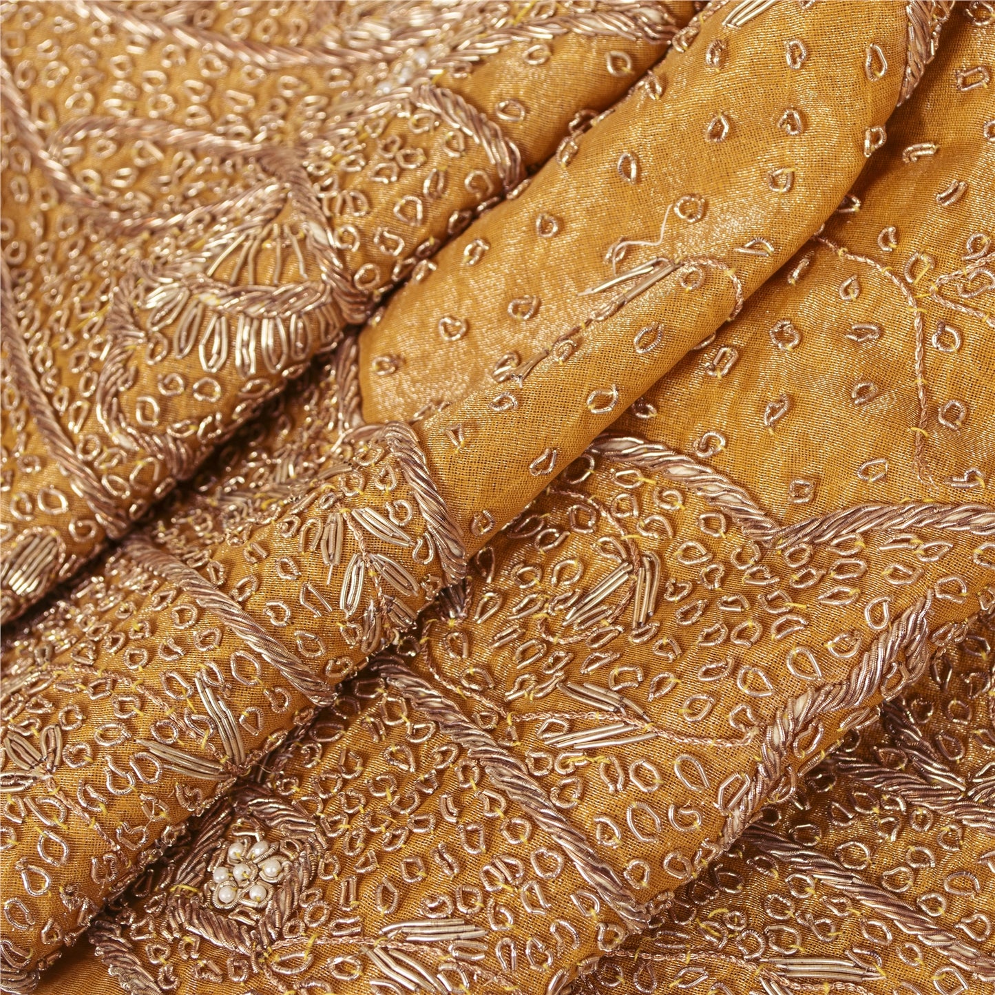 Sanskriti Vintage Golden Long Skirt Pure Tissue Silk Handmade Unstitched Lehenga