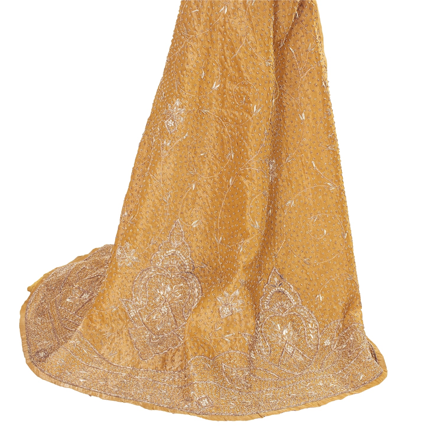 Sanskriti Vintage Golden Long Skirt Pure Tissue Silk Handmade Unstitched Lehenga