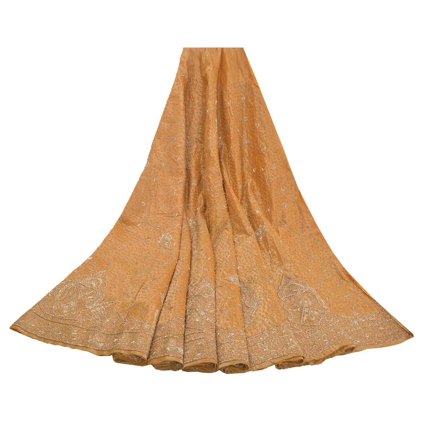 Sanskriti Vintage Golden Long Skirt Pure Tissue Silk Handmade Unstitched Lehenga