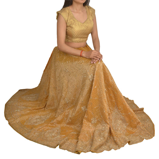 Sanskriti Vintage Golden Long Skirt Pure Tissue Silk Handmade Unstitched Lehenga
