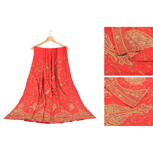 Sanskriti Vintage Red 100% Pure Silk Long Skirt Unstitched Hand Beaded Zardozi