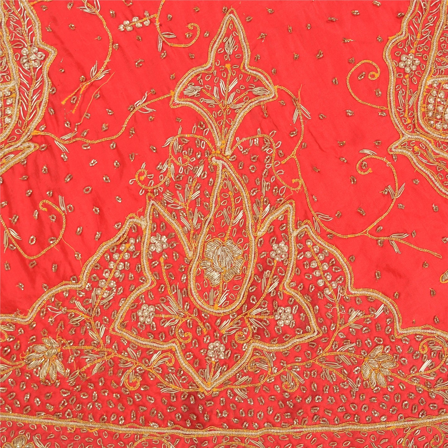 Sanskriti Vintage Red 100% Pure Silk Long Skirt Unstitched Hand Beaded Zardozi