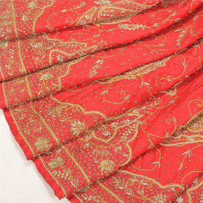 Sanskriti Vintage Red 100% Pure Silk Long Skirt Unstitched Hand Beaded Zardozi