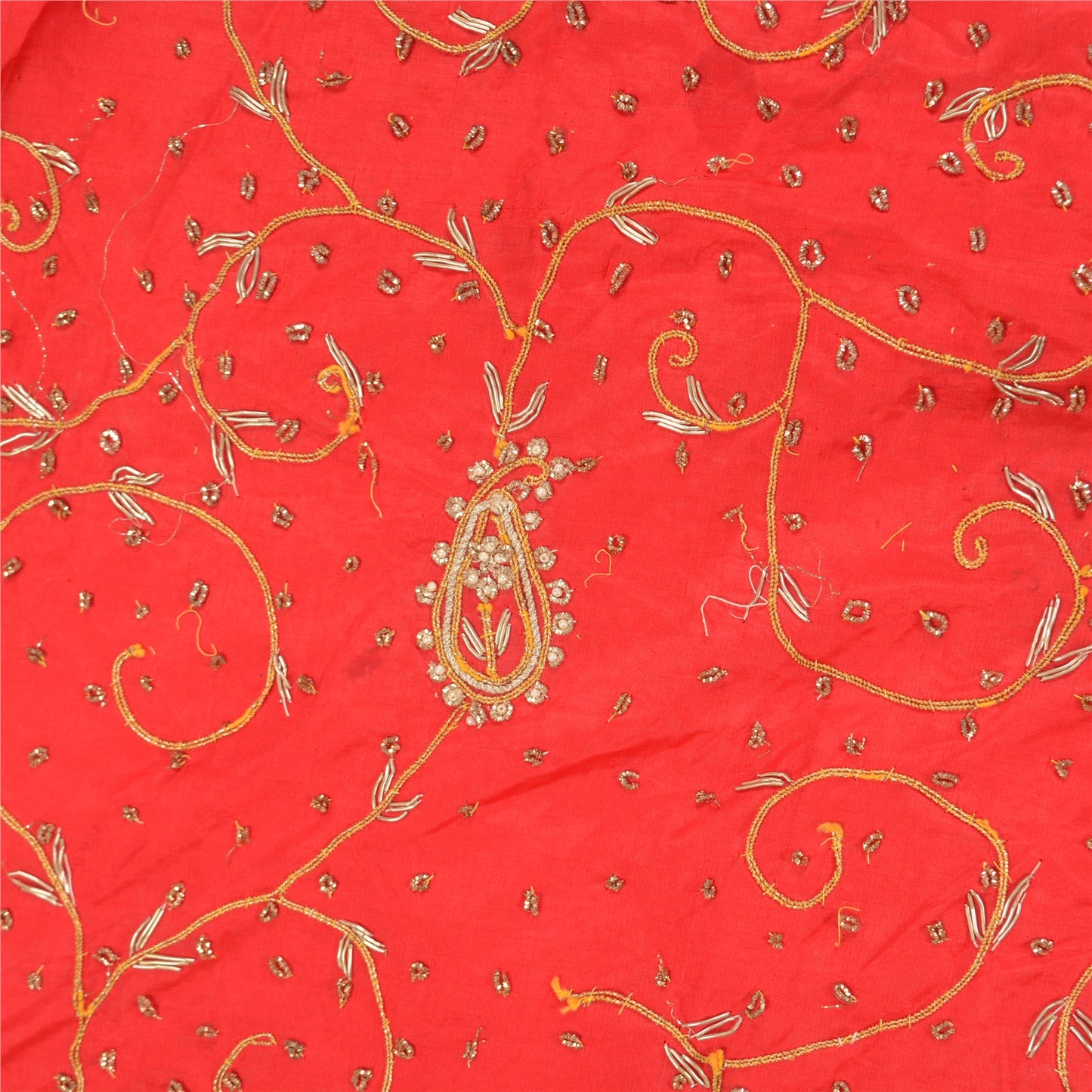 Sanskriti Vintage Red 100% Pure Silk Long Skirt Unstitched Hand Beaded Zardozi