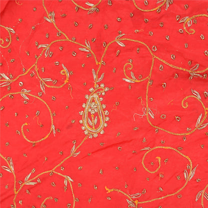 Sanskriti Vintage Red 100% Pure Silk Long Skirt Unstitched Hand Beaded Zardozi