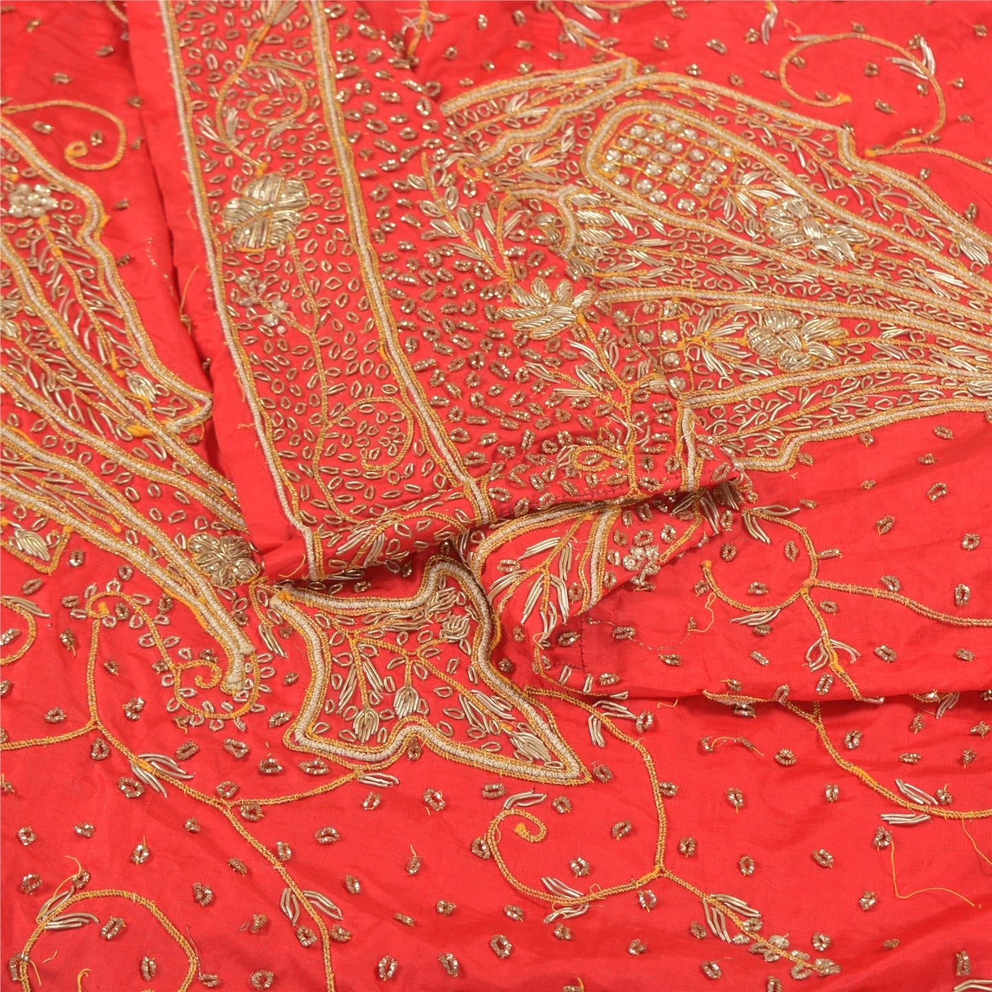 Sanskriti Vintage Red 100% Pure Silk Long Skirt Unstitched Hand Beaded Zardozi