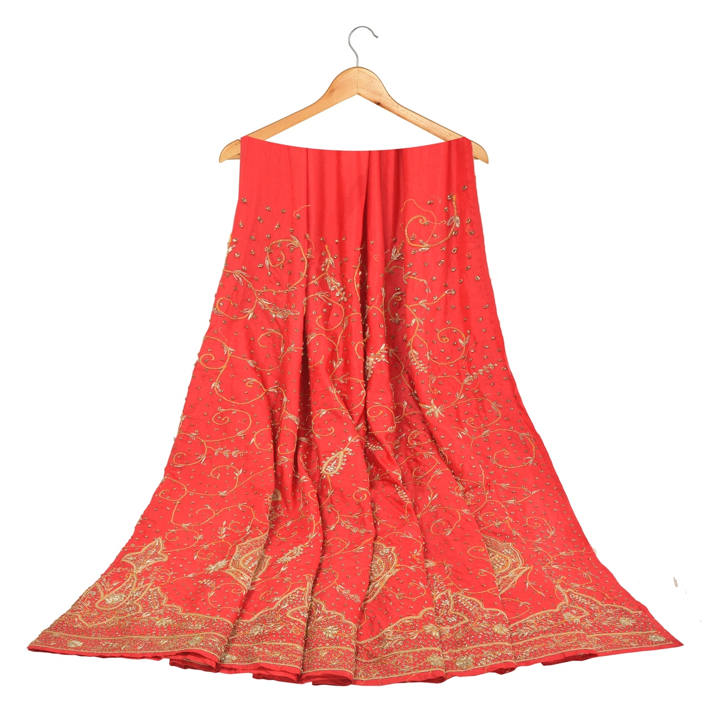 Sanskriti Vintage Red 100% Pure Silk Long Skirt Unstitched Hand Beaded Zardozi