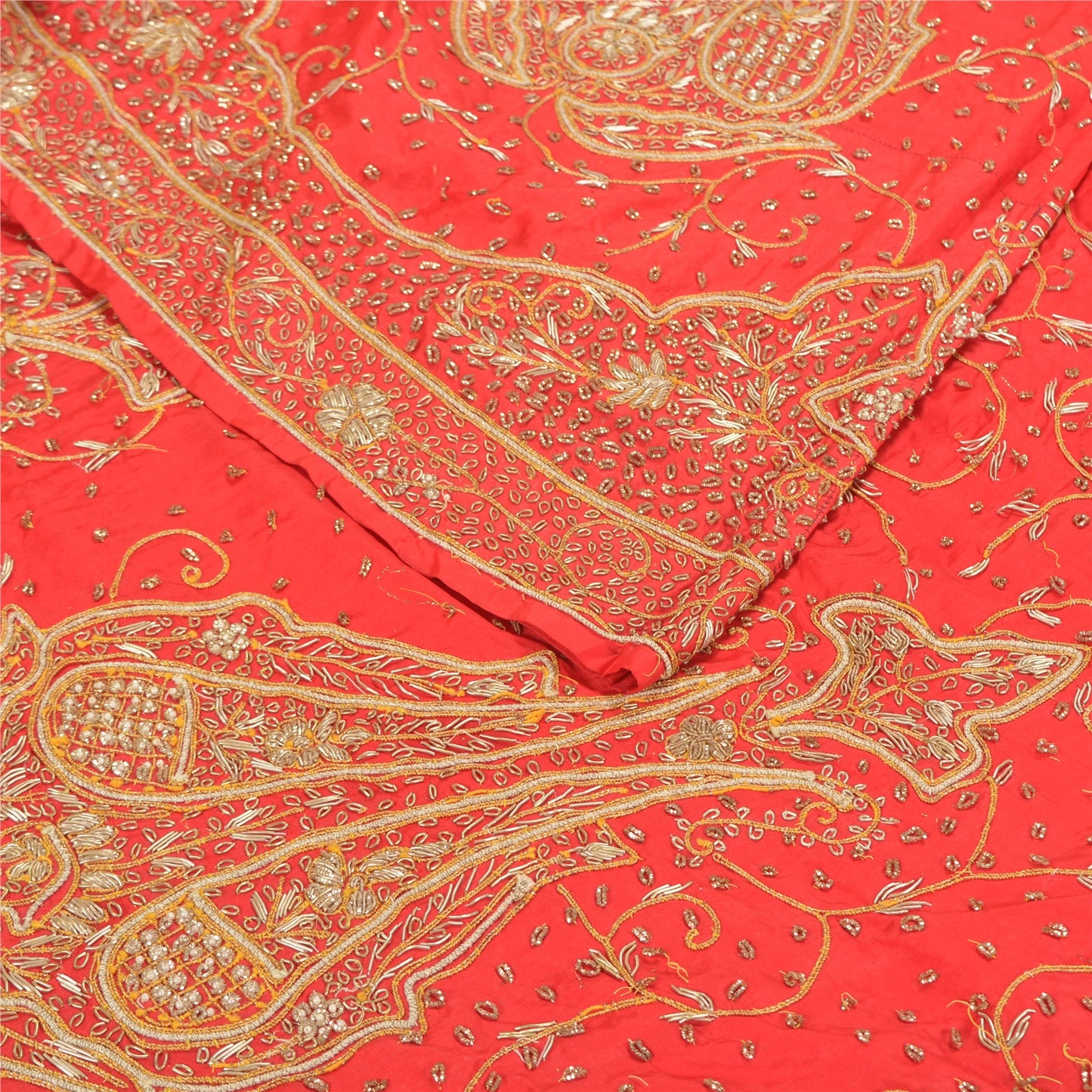 Sanskriti Vintage Red 100% Pure Silk Long Skirt Unstitched Hand Beaded Zardozi