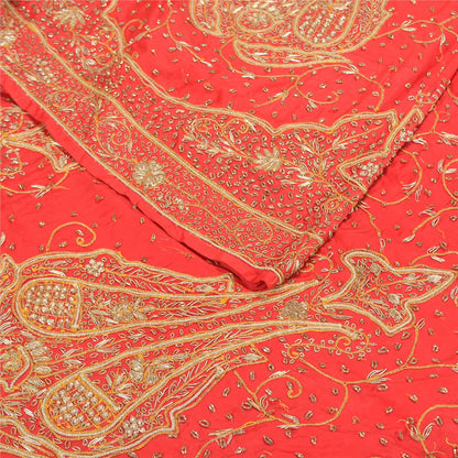 Sanskriti Vintage Red 100% Pure Silk Long Skirt Unstitched Hand Beaded Zardozi