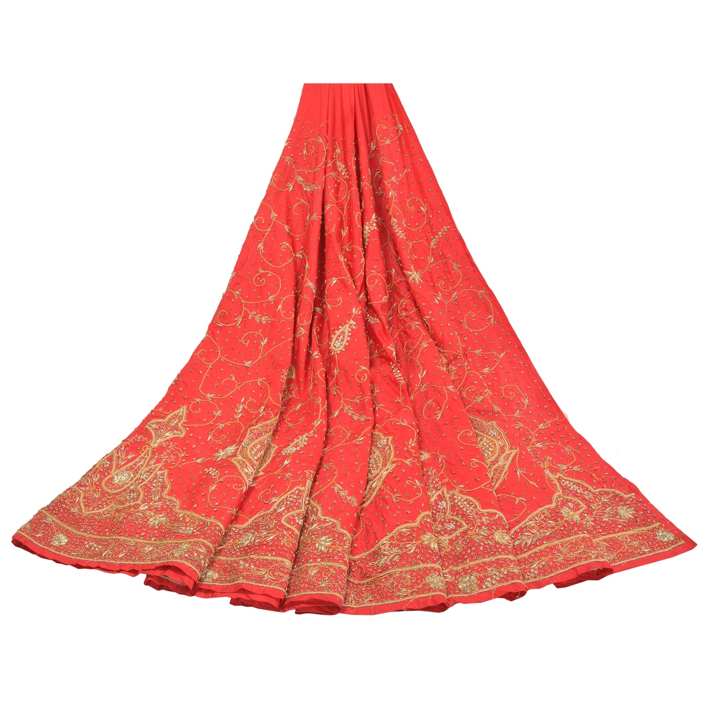 Sanskriti Vintage Red 100% Pure Silk Long Skirt Unstitched Hand Beaded Zardozi