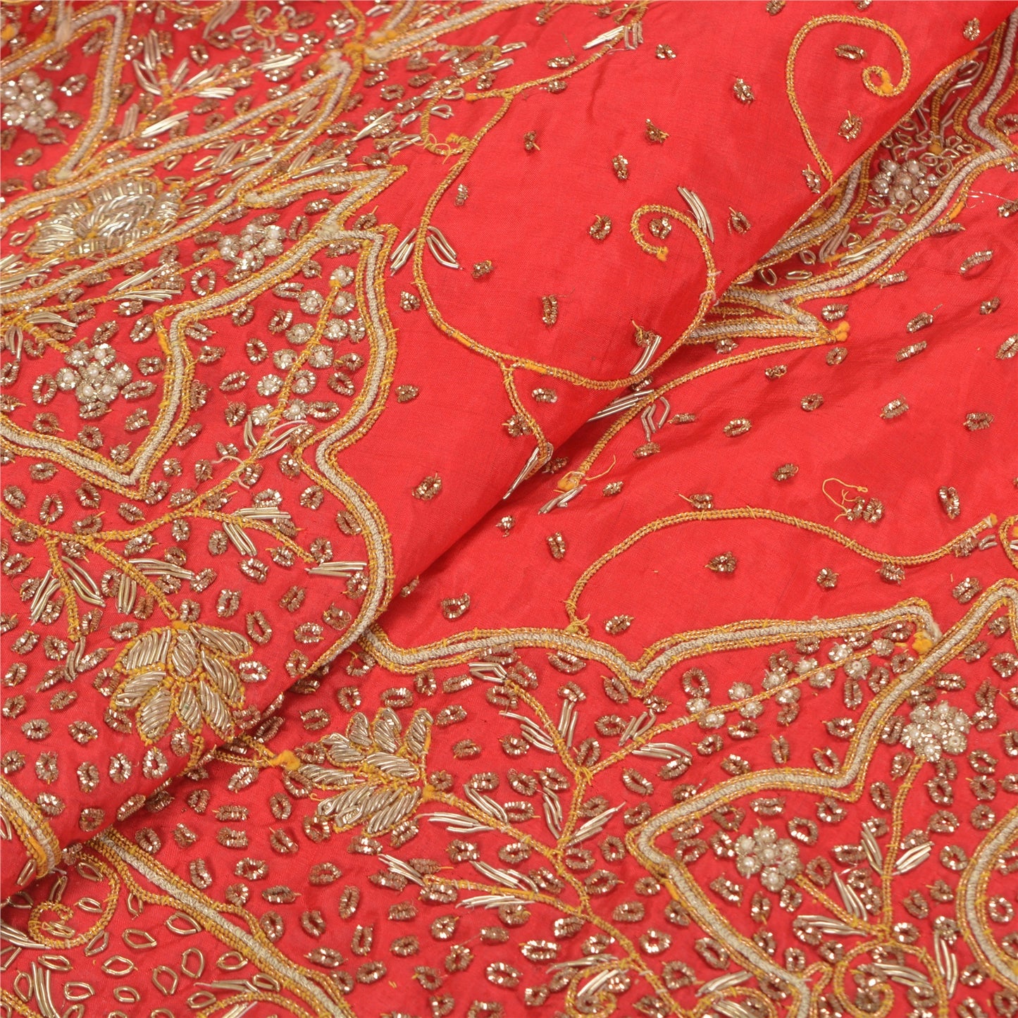 Sanskriti Vintage Red 100% Pure Silk Long Skirt Unstitched Hand Beaded Zardozi