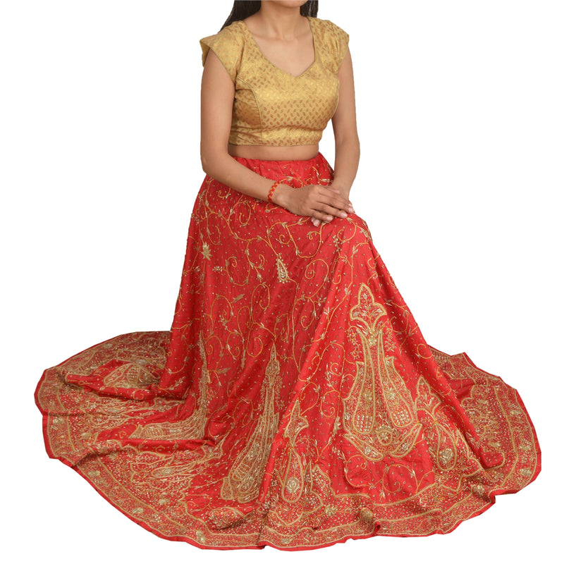 Sanskriti Vintage Red 100% Pure Silk Long Skirt Unstitched Hand Beaded Zardozi