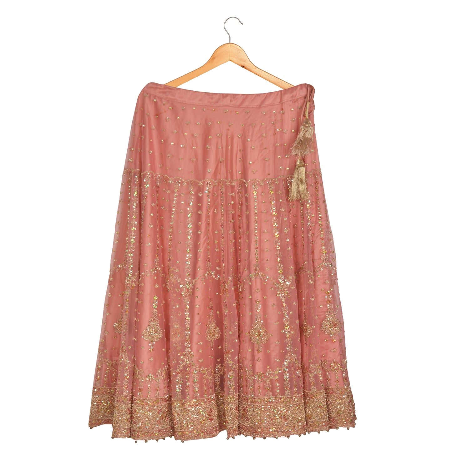Sanskriti Vintage Long Skirt Net Mesh Pink Hand Bead Zari Dabka Stitched Lehenga