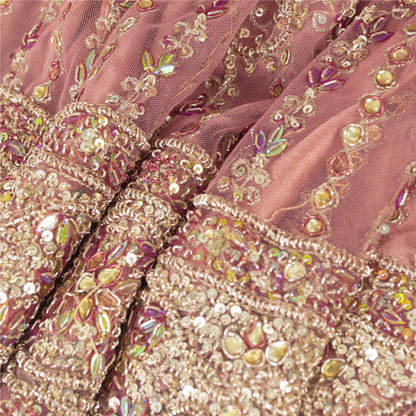 Sanskriti Vintage Long Skirt Net Mesh Pink Hand Bead Zari Dabka Stitched Lehenga