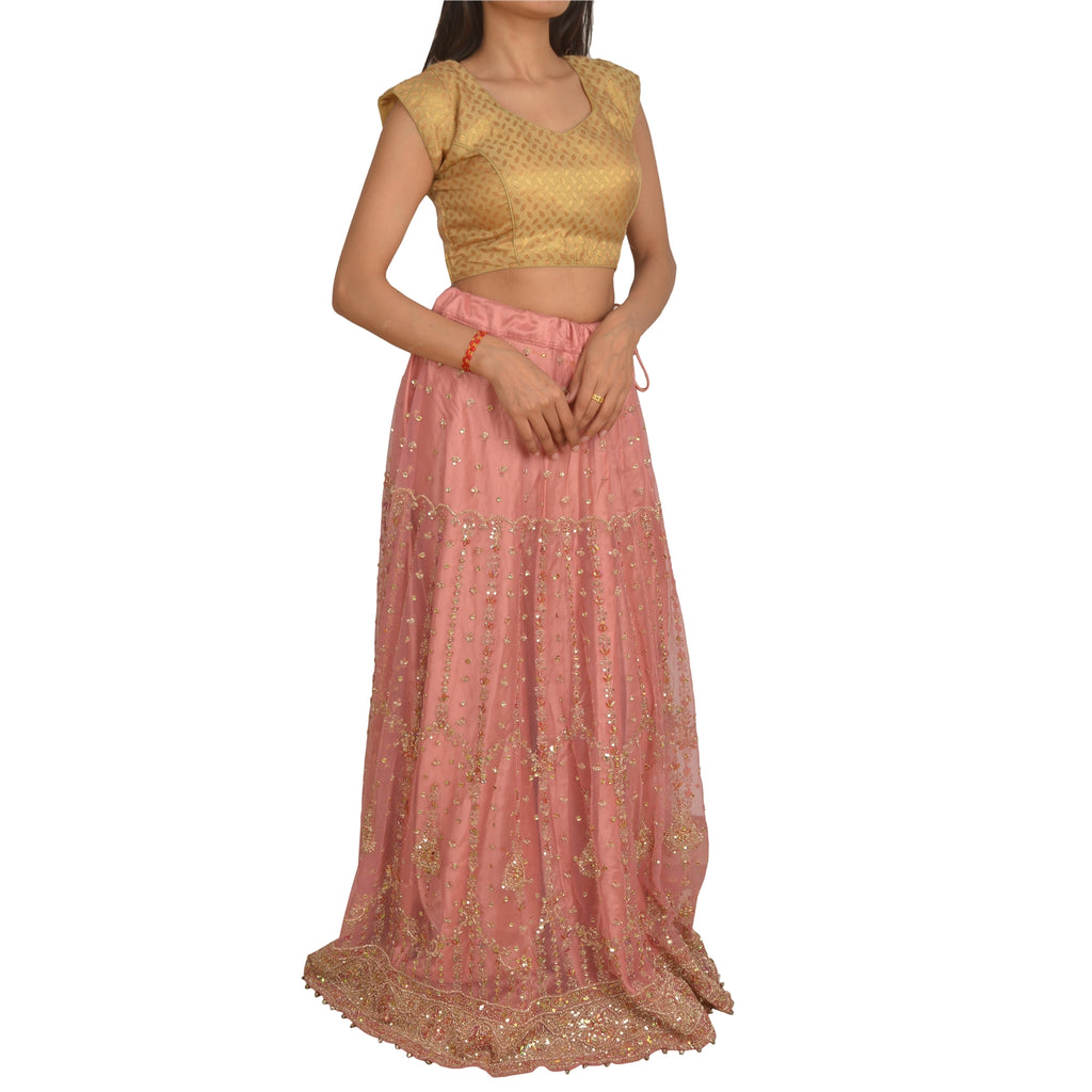 Sanskriti Vintage Long Skirt Net Mesh Pink Hand Bead Zari Dabka Stitched Lehenga