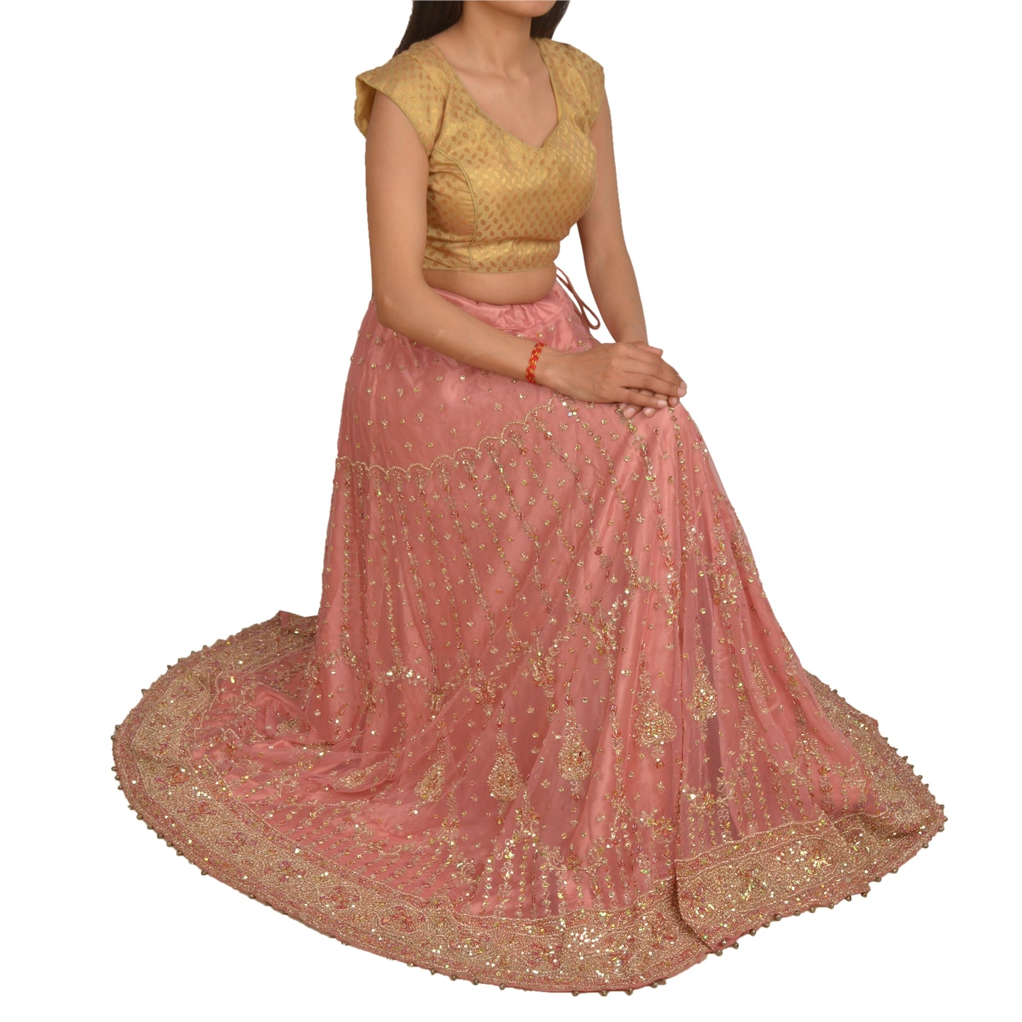 Sanskriti Vintage Long Skirt Net Mesh Pink Hand Bead Zari Dabka Stitched Lehenga